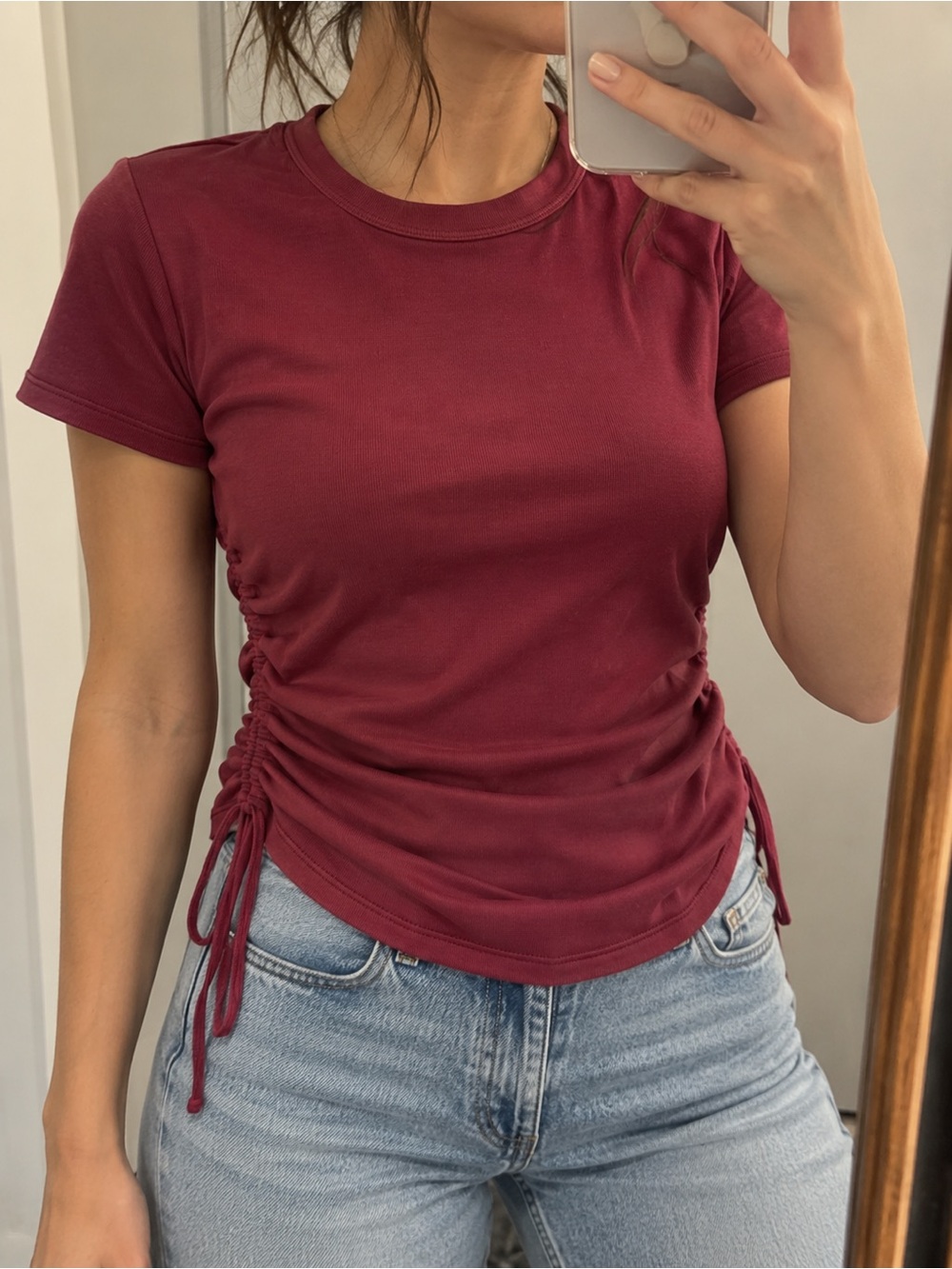 love J Short-Sleeve Ruched Side Top in Deep Berry